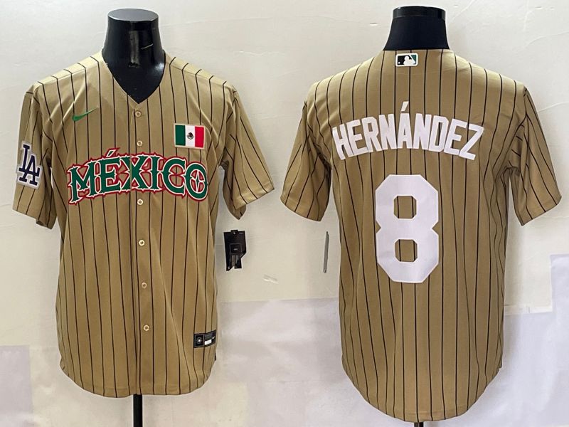 Men Los Angeles Dodgers #8 Hernandez Brown Stripe Mexico Joint Name 2025 Nike MLB Jersey style 2